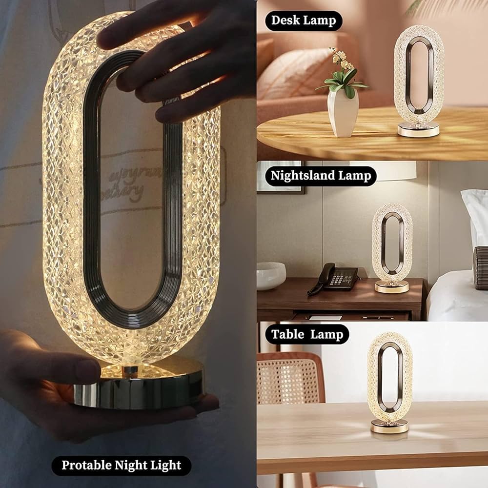 Luxury Oval Crystal Table Lamp with (3 Colors Mode) - Rechargeable
